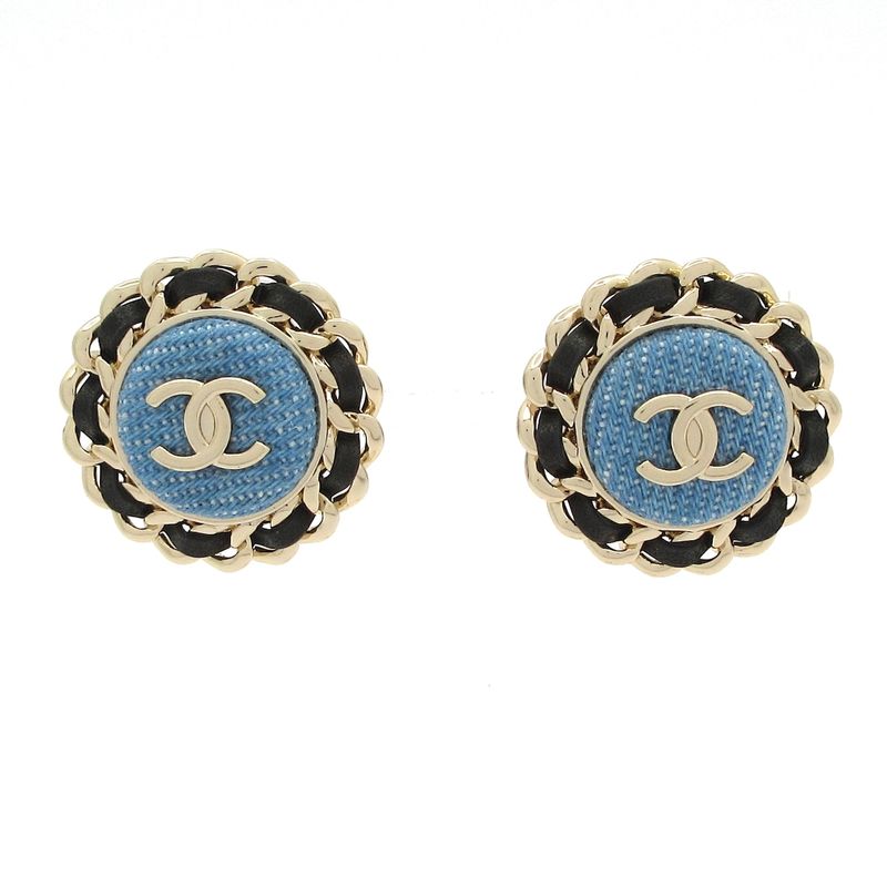 Chanel Earrings Leather Gold X Blue X Black Coco Mark Chain
