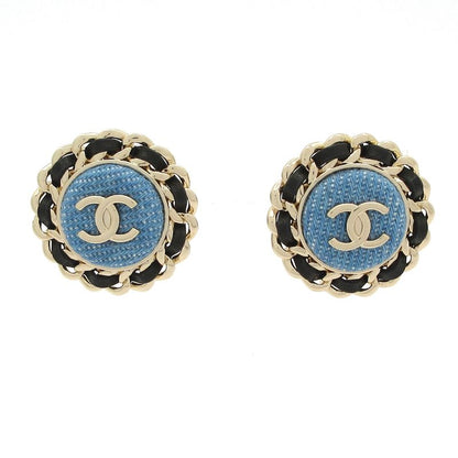 Chanel Earrings Leather Gold X Blue X Black Coco Mark Chain