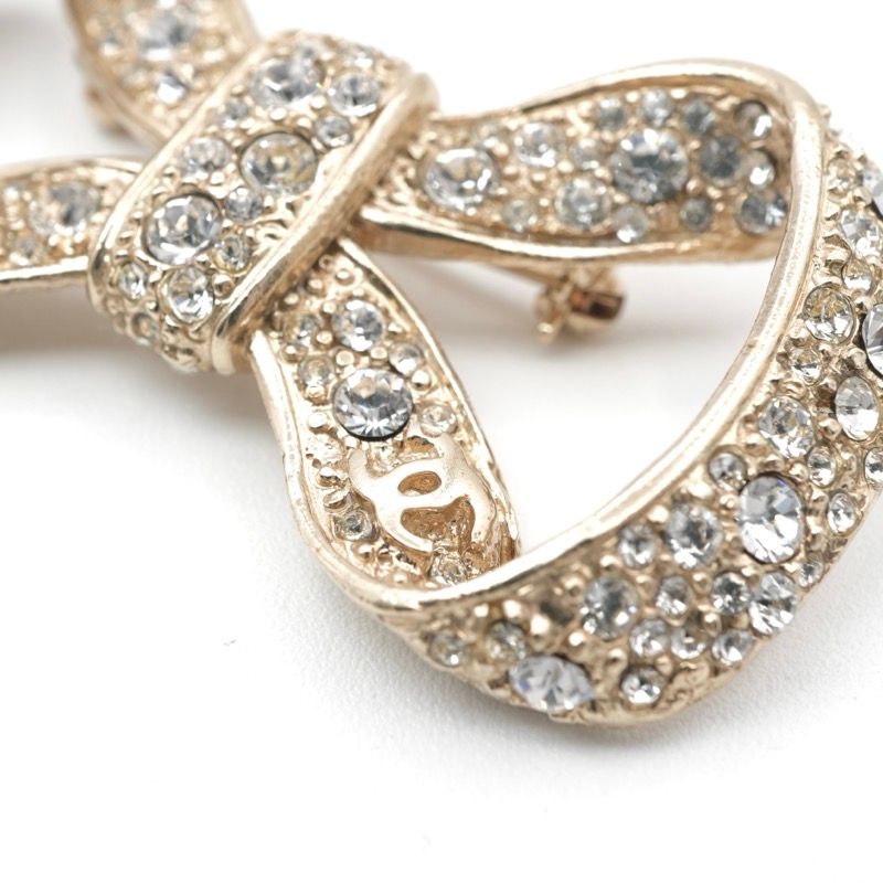 Chanel Brooch Corsage Gold Coco Mark Rhinestone Ribbon