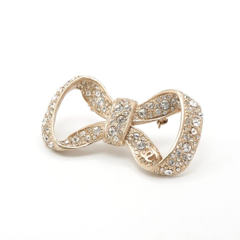 Chanel Brooch Corsage Gold Coco Mark Rhinestone Ribbon