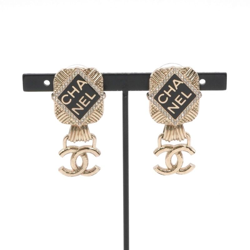 Chanel Earrings Cocomark Logo Rhinestone Gold Black