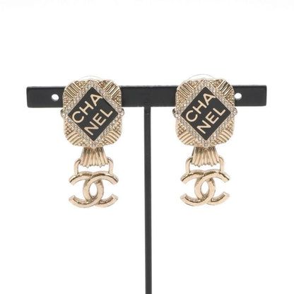 Chanel Earrings Cocomark Logo Rhinestone Gold Black