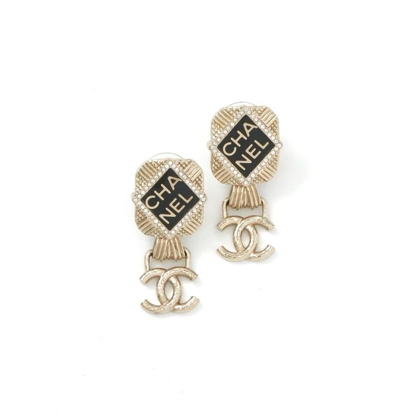 Chanel Earrings Cocomark Logo Rhinestone Gold Black