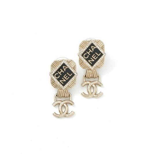 Chanel Earrings Cocomark Logo Rhinestone Gold Black
