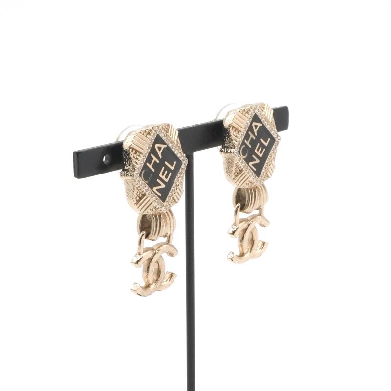 Chanel Earrings Cocomark Logo Rhinestone Gold Black