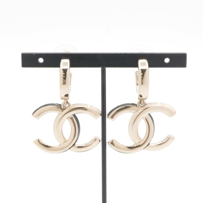 Chanel Earrings Earring Gold Black White Coco Mark Hoop Earrings