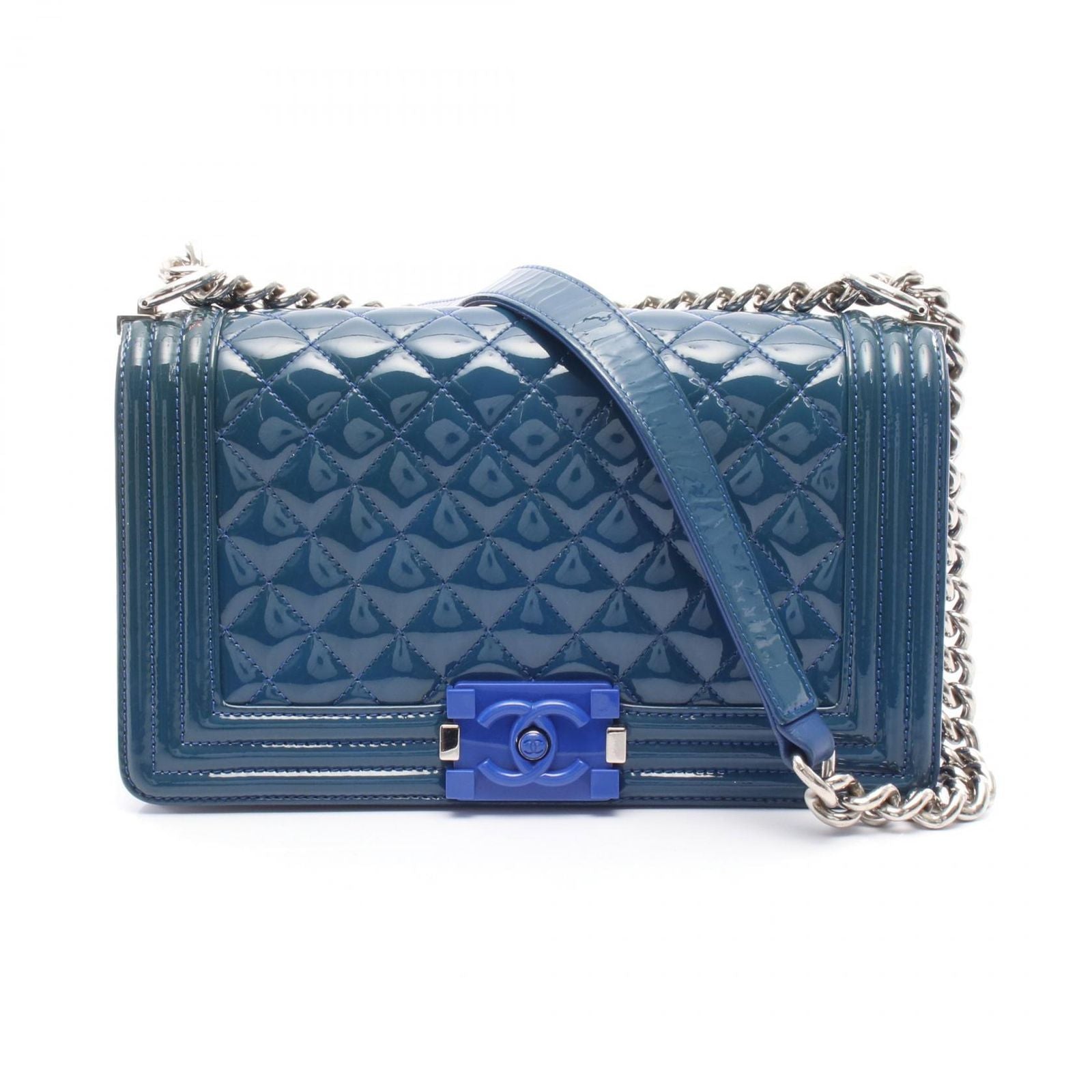 Chanel Shoulder Bag Boy Chanel Blue Patent Leather Boy Chanel Chain Shoulder
