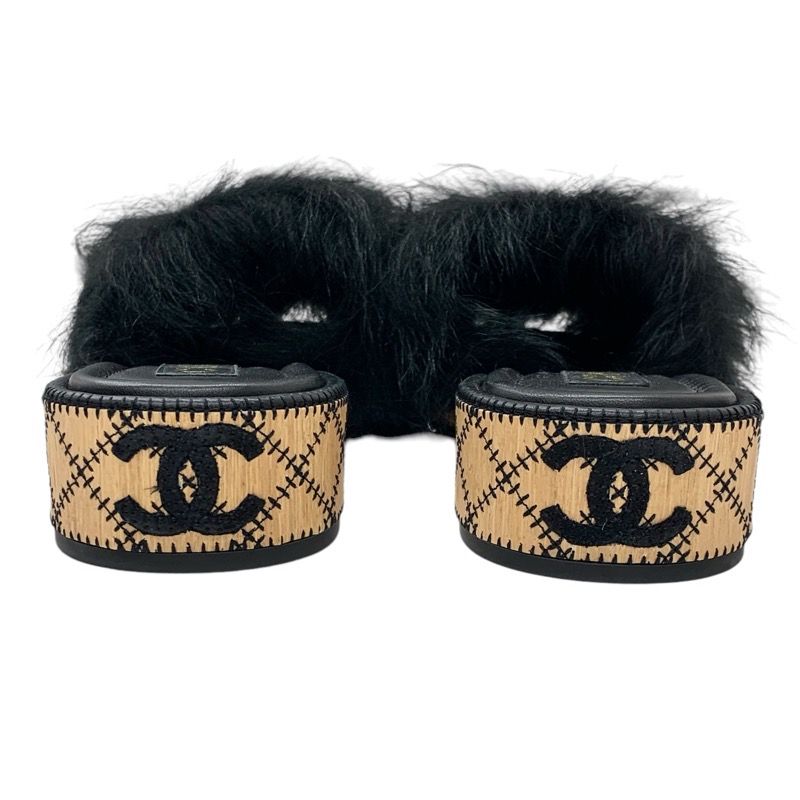 Chanel Sandals Shoes Fur Black White Black Here Mark Mules