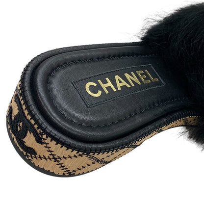 Chanel Sandals Shoes Fur Black White Black Here Mark Mules