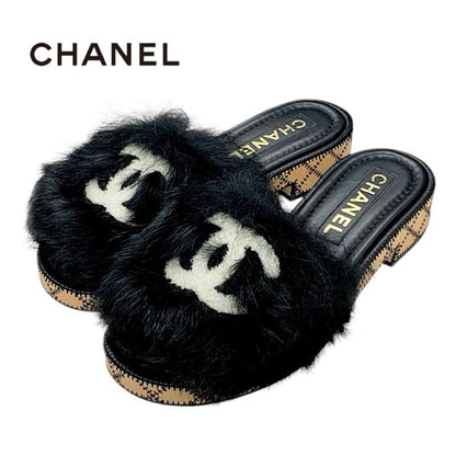 Chanel Sandals Shoes Fur Black White Black Here Mark Mules