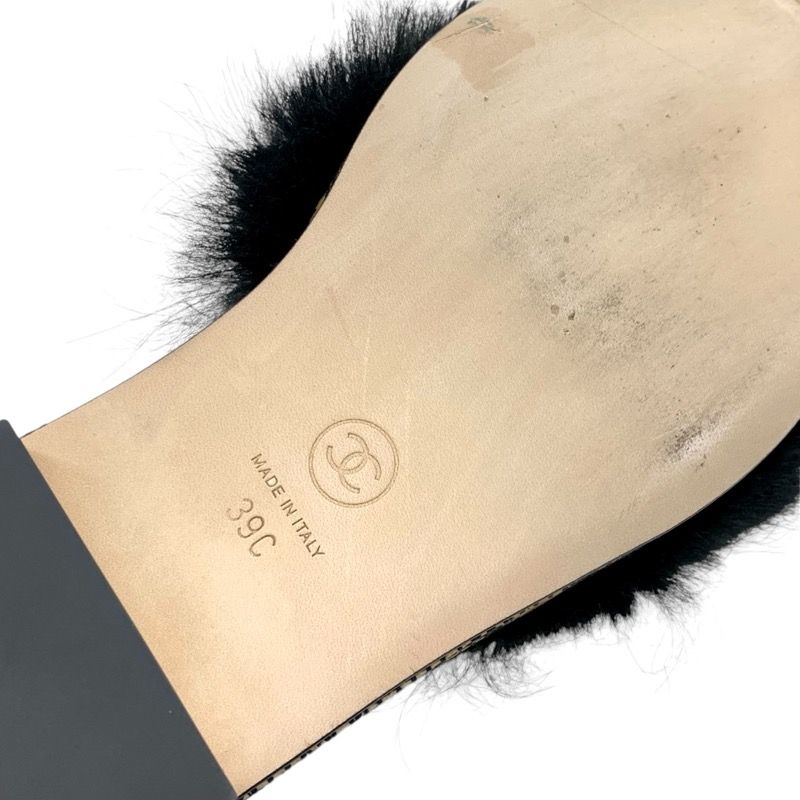 Chanel Sandals Shoes Fur Black White Black Here Mark Mules