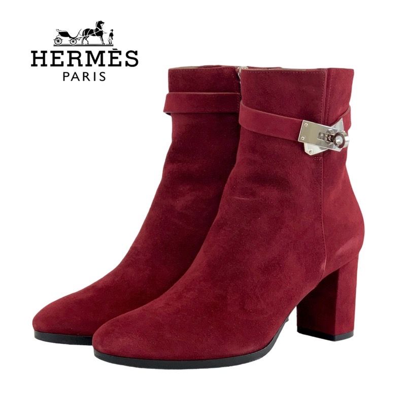 Hermes Saint-germain Boots Short Boots Shoes Suede Red Silver Kelly Hardware