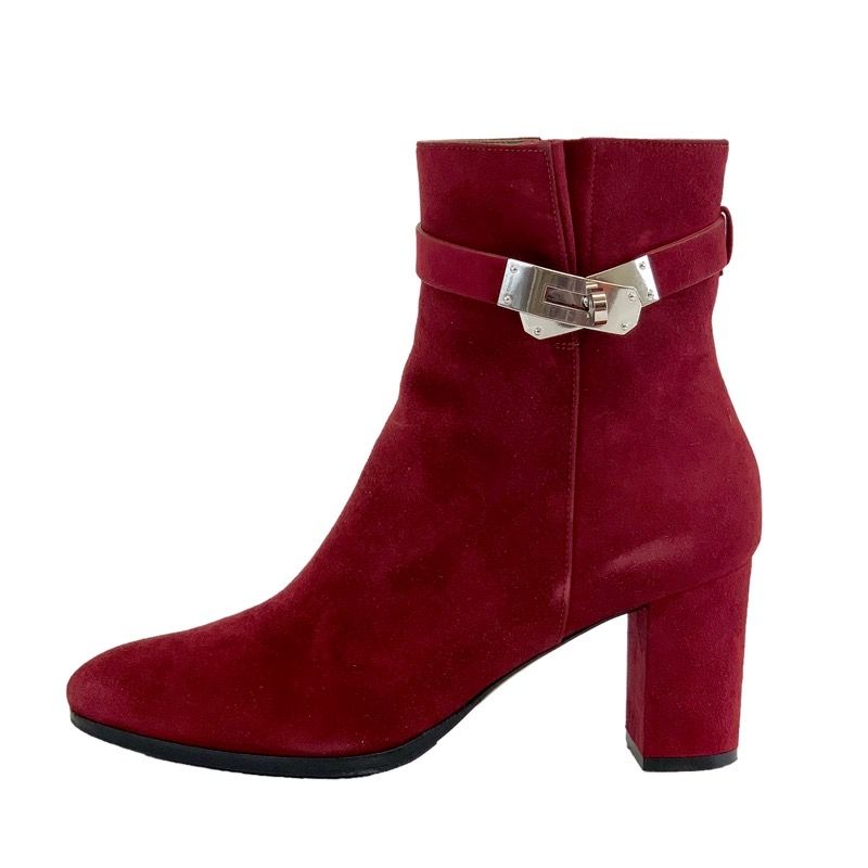 Hermes Saint-germain Boots Short Boots Shoes Suede Red Silver Kelly Hardware