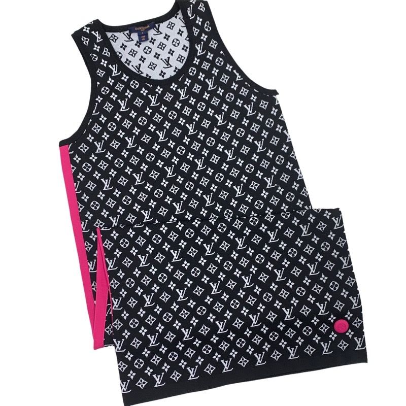 Louis Vuitton Monogram Dress Black Long Fuchsia Accent Sporty Knit