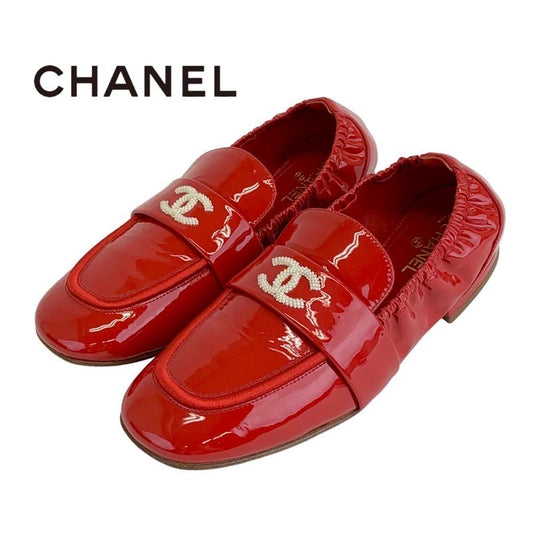 Chanel Loafer Leather Shoes Patent Red Flat Shoes Here Mark