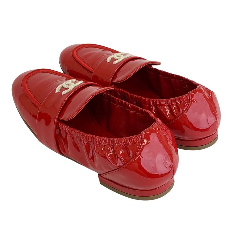 Chanel Loafer Leather Shoes Patent Red Flat Shoes Here Mark