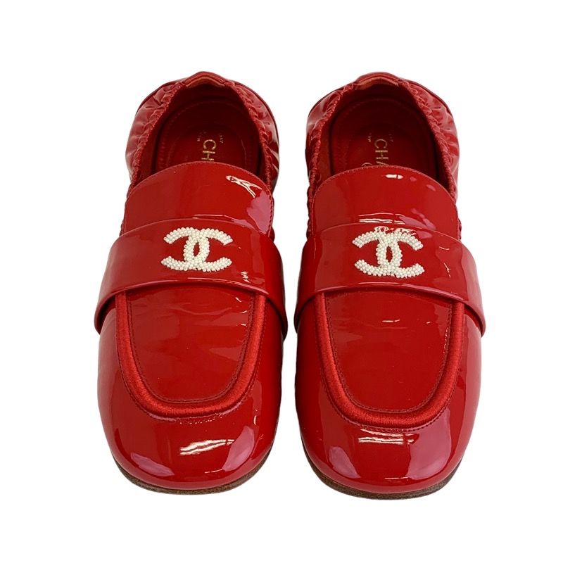 Chanel Loafer Leather Shoes Patent Red Flat Shoes Here Mark