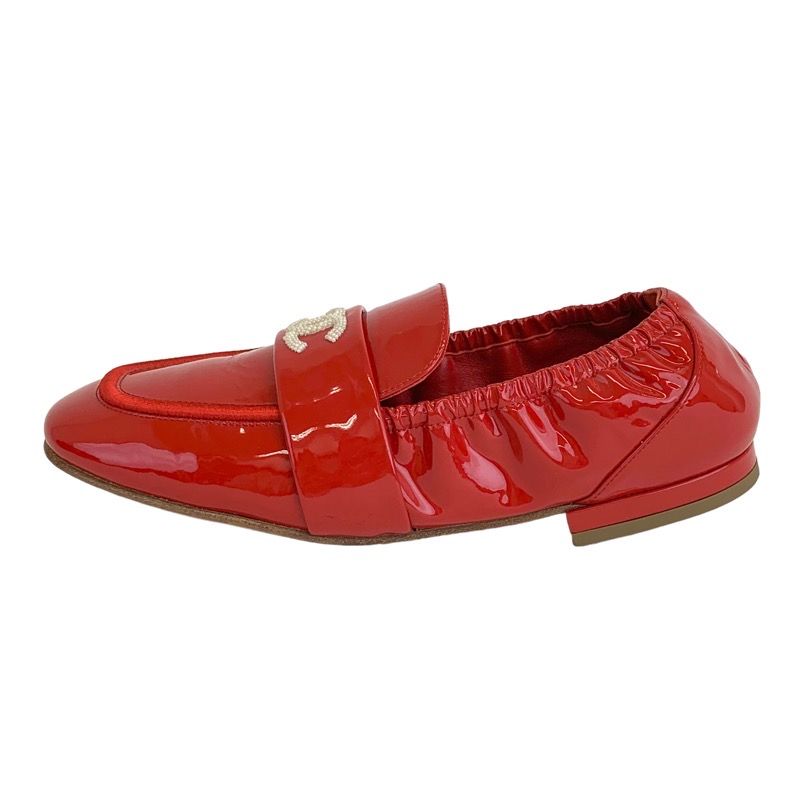Chanel Loafer Leather Shoes Patent Red Flat Shoes Here Mark