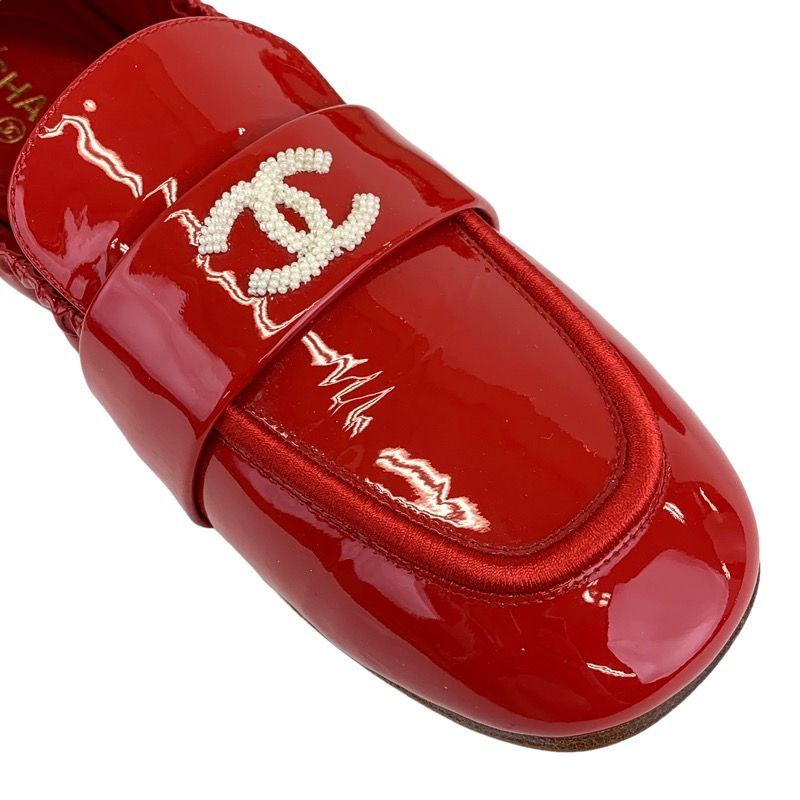 Chanel Loafer Leather Shoes Patent Red Flat Shoes Here Mark