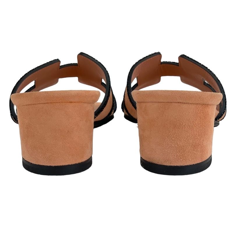 Hermes Oasis Sandals Shoes Suede Salmon Pink Black Mule Stone