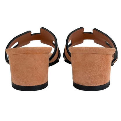 Hermes Oasis Sandals Shoes Suede Salmon Pink Black Mule Stone