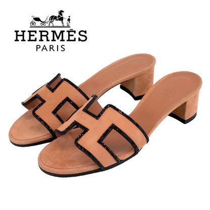 Hermes Oasis Sandals Shoes Suede Salmon Pink Black Mule Stone