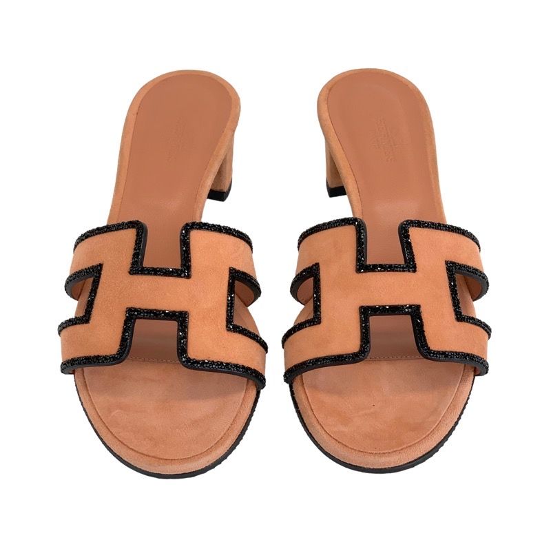 Hermes Oasis Sandals Shoes Suede Salmon Pink Black Mule Stone