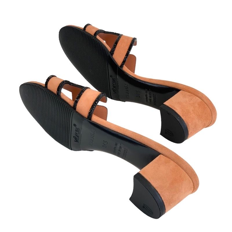 Hermes Oasis Sandals Shoes Suede Salmon Pink Black Mule Stone