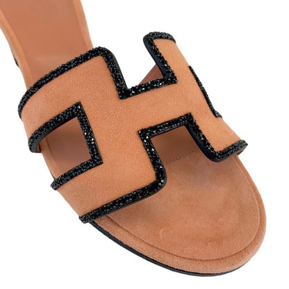 Hermes Oasis Sandals Shoes Suede Salmon Pink Black Mule Stone