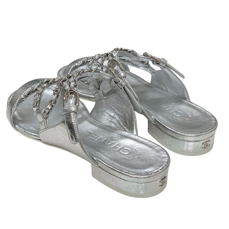 Chanel Sandals Shoes Leather Silver Unused Flat Sandals Mule Here Mark Chain