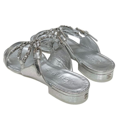 Chanel Sandals Shoes Leather Silver Unused Flat Sandals Mule Here Mark Chain
