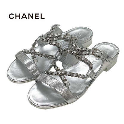 Chanel Sandals Shoes Leather Silver Unused Flat Sandals Mule Here Mark Chain