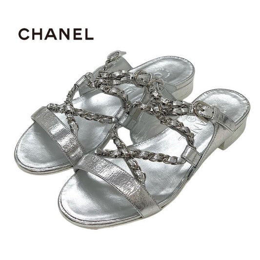 Chanel Sandals Shoes Leather Silver Unused Flat Sandals Mule Here Mark Chain