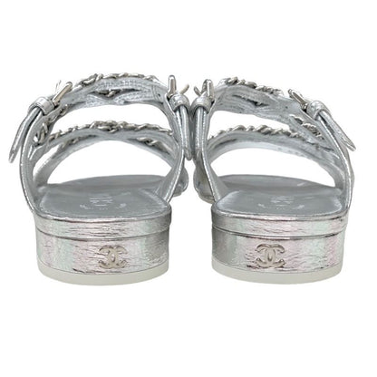 Chanel Sandals Shoes Leather Silver Unused Flat Sandals Mule Here Mark Chain