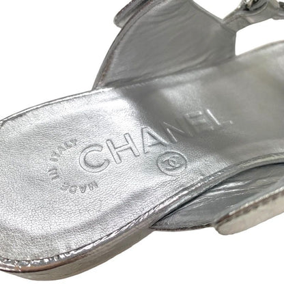 Chanel Sandals Shoes Leather Silver Unused Flat Sandals Mule Here Mark Chain