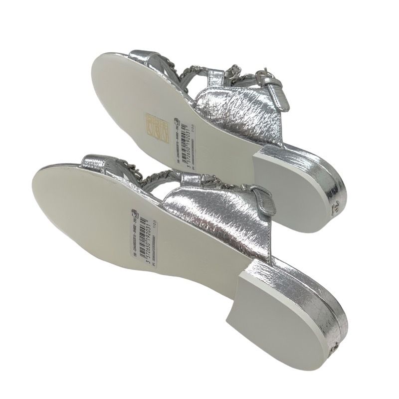 Chanel Sandals Shoes Leather Silver Unused Flat Sandals Mule Here Mark Chain