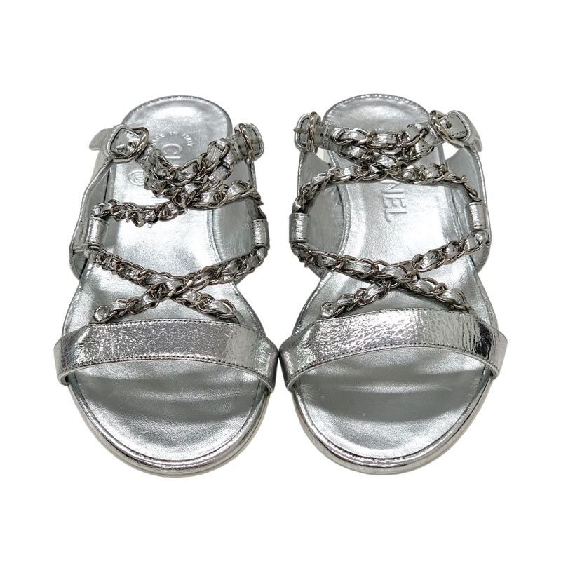 Chanel Sandals Shoes Leather Silver Unused Flat Sandals Mule Here Mark Chain