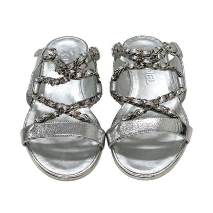 Chanel Sandals Shoes Leather Silver Unused Flat Sandals Mule Here Mark Chain
