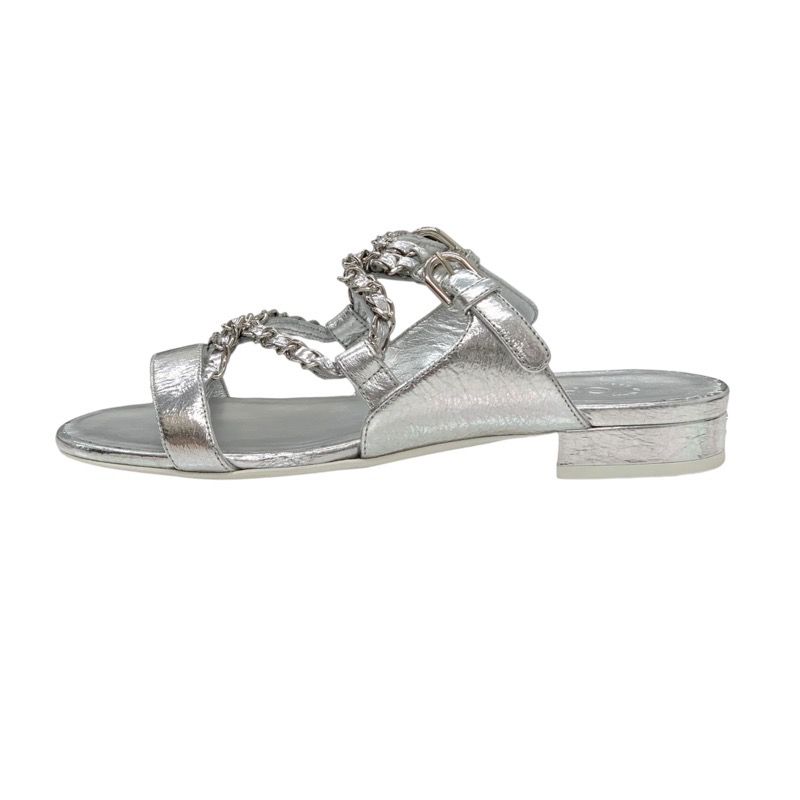 Chanel Sandals Shoes Leather Silver Unused Flat Sandals Mule Here Mark Chain