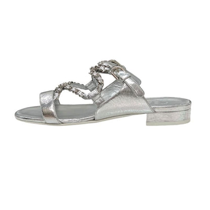 Chanel Sandals Shoes Leather Silver Unused Flat Sandals Mule Here Mark Chain