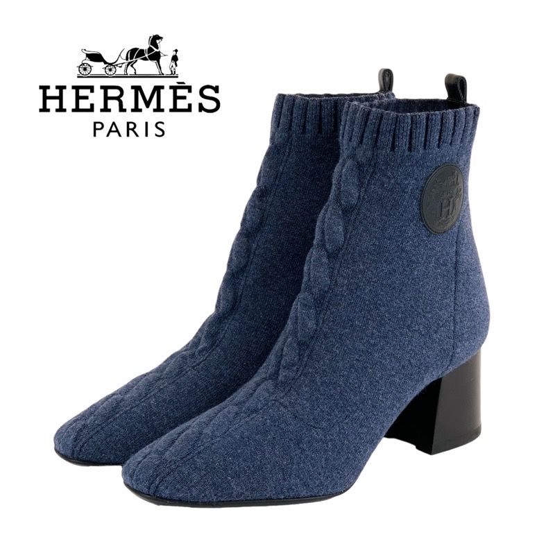 Hermes Volver Boots Short Boots Shoes Fabric Leather Blue Black Sock Boots
