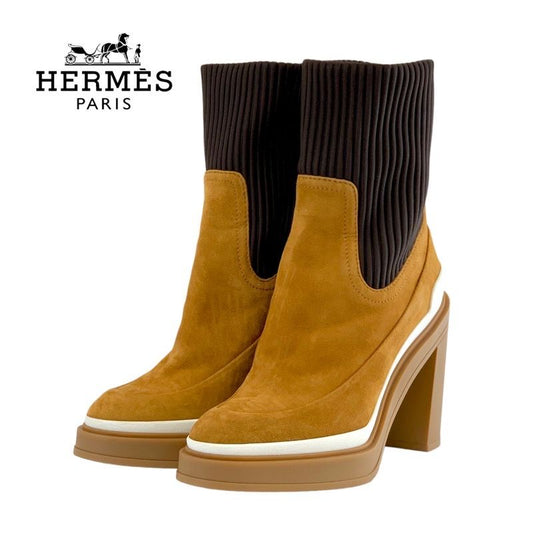 Hermes Boots Short Boots Shoes Suede Fabric Camel Brown Sock Boots