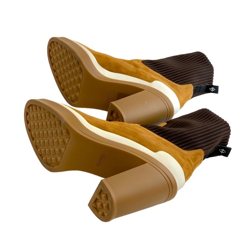 Hermes Boots Short Boots Shoes Suede Fabric Camel Brown Sock Boots