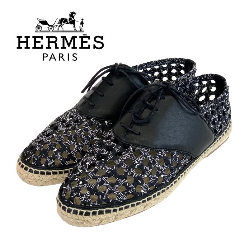 Hermes Flat Shoes Leather Fabric Black Lace-up Shoes Braided Espadrilles