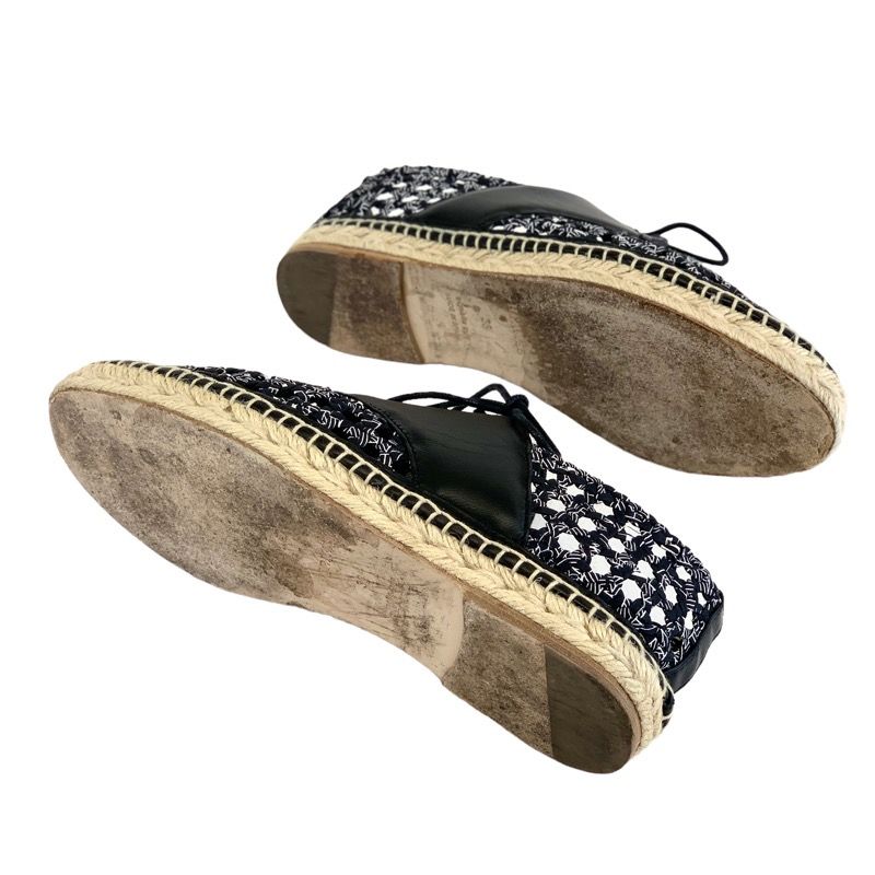 Hermes Flat Shoes Leather Fabric Black Lace-up Shoes Braided Espadrilles