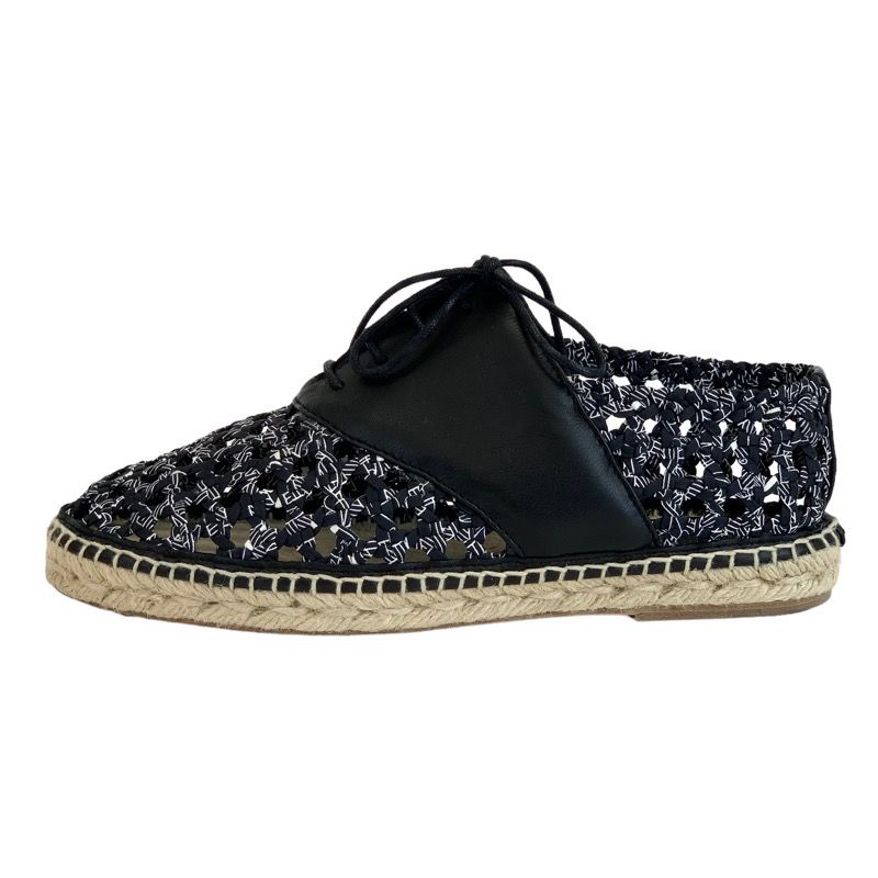 Hermes Flat Shoes Leather Fabric Black Lace-up Shoes Braided Espadrilles