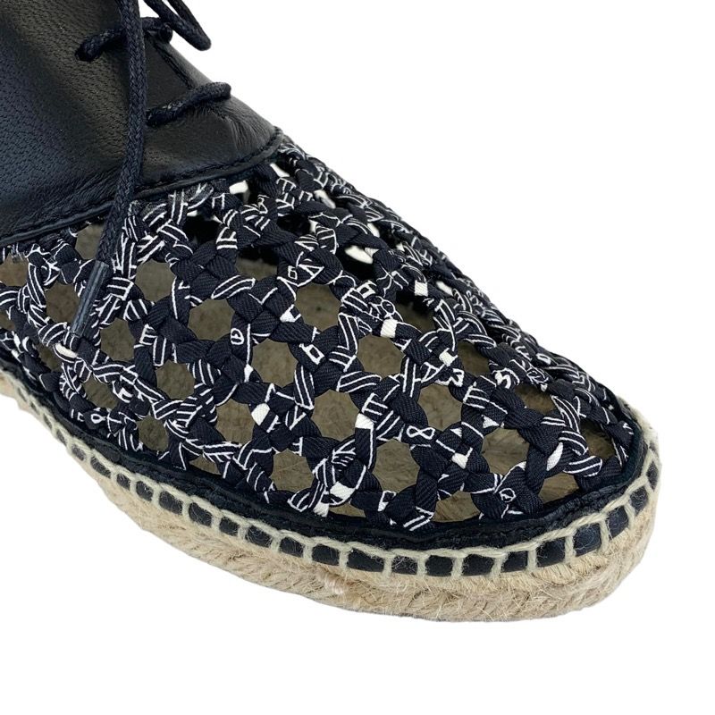 Hermes Flat Shoes Leather Fabric Black Lace-up Shoes Braided Espadrilles