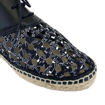 Hermes Flat Shoes Leather Fabric Black Lace-up Shoes Braided Espadrilles