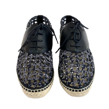Hermes Flat Shoes Leather Fabric Black Lace-up Shoes Braided Espadrilles
