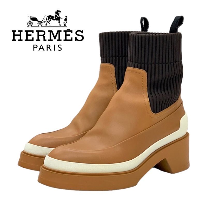 Hermes Boots Short Boots Shoes Leather Fabric Camel Brown Sock Boots
